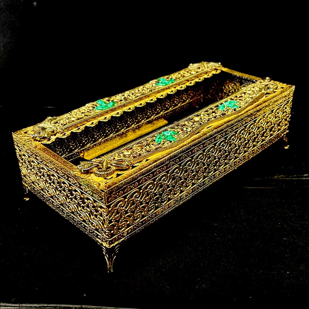 Mid Century Hollywood Regency style ornate gold tone metal tissue box holder